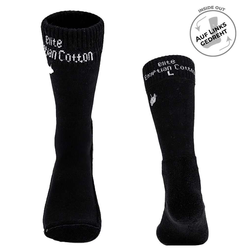 Beqem schwarze Crew-Socken aus ägyptischer Giza-Baumwolle – weich, langlebig & atmungsaktiv. Innenansicht zeigt exklusive Premium-Qualität.