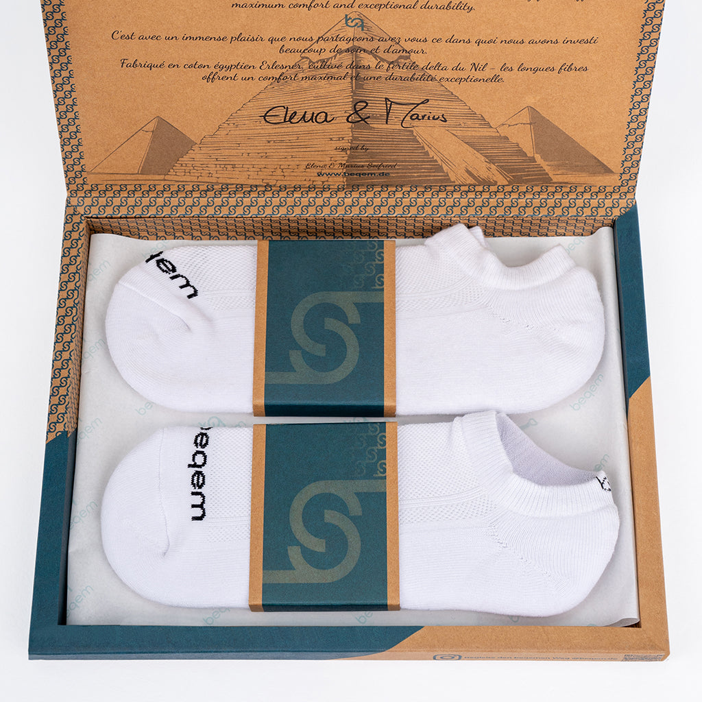 Beqem weiße Sneaker-Socken aus ägyptischer Baumwolle – ultraweich, atmungsaktiv & langlebig. Hochwertige Bio-Baumwolle & Komfort.