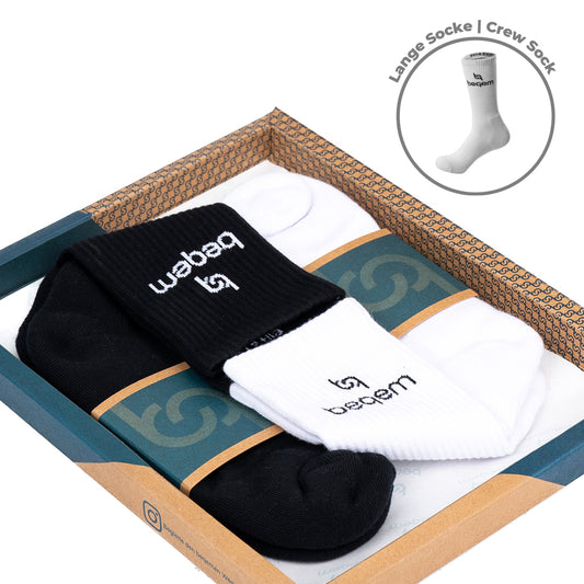 Beqem Crew-Socken aus ägyptischer Baumwolle – schwarz & weiß, atmungsaktiv, langlebig & bequem. Hochwertige Verpackung.