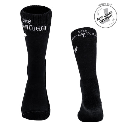 Beqem schwarze Crew-Socken aus feiner ägyptischer Giza-Baumwolle – langlebig, weich & atmungsaktiv. Innenansicht zeigt Premium-Qualität.